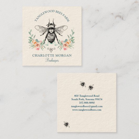 Hand getrokken Honey Bee Beekeeper Apiary Floral S Vierkante Visitekaartje (Voorkant / Achterkant)