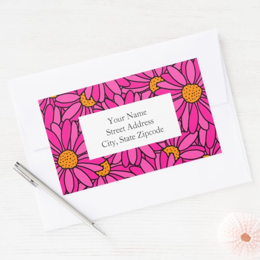 Hand getrokken Hot Roze & Sinaasappel Daisies Labe Rechthoekige Sticker (Envelop)