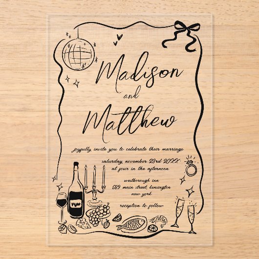 Hand getrokken illustraties Doodles bruiloft parti Acryl Uitnodigingen (Voorkant)