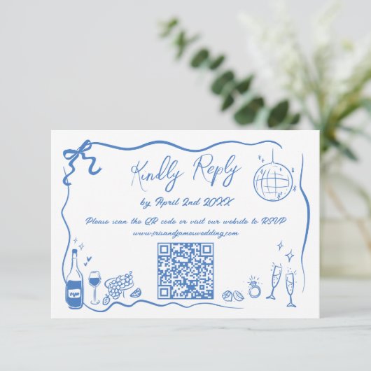Hand getrokken illustraties Doodles bruiloft QR-co RSVP Kaartje (Staand voorkant)