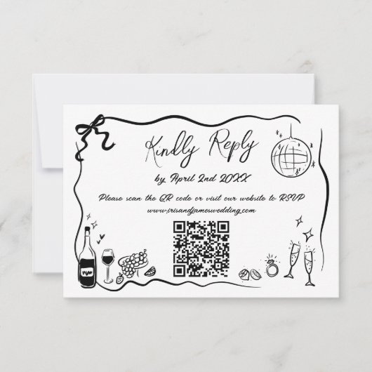 Hand getrokken illustraties Doodles bruiloft QR-co RSVP Kaartje (Voorkant)