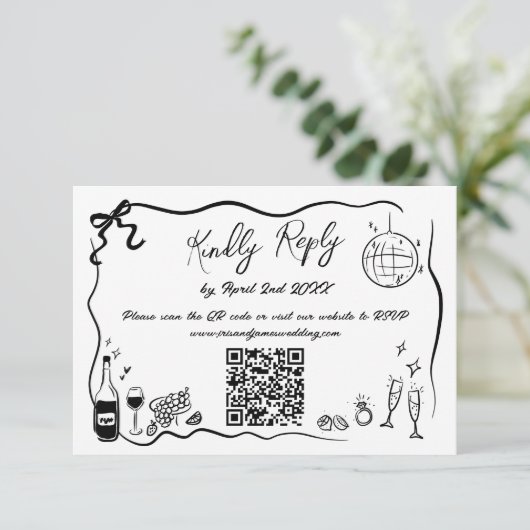 Hand getrokken illustraties Doodles bruiloft QR-co RSVP Kaartje (Staand voorkant)
