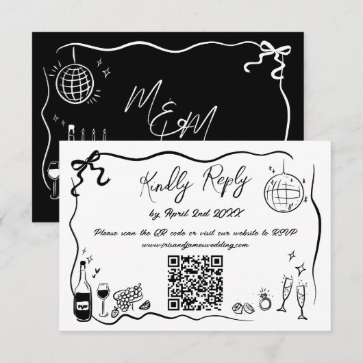 Hand getrokken illustraties Doodles bruiloft QR-co RSVP Kaartje (Voorkant / Achterkant)