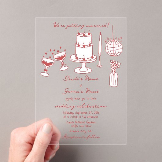 Hand getrokken illustraties Doodles Maroon bruilof Acryl Uitnodigingen (Insitu (Draagbaar))