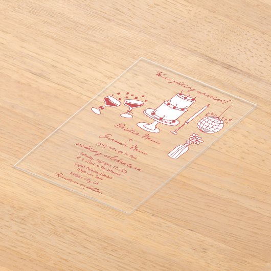 Hand getrokken illustraties Doodles Maroon bruilof Acryl Uitnodigingen (Laagn)