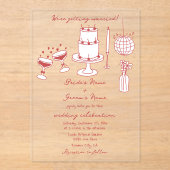 Hand getrokken illustraties Doodles Maroon bruilof Acryl Uitnodigingen (Voorkant)