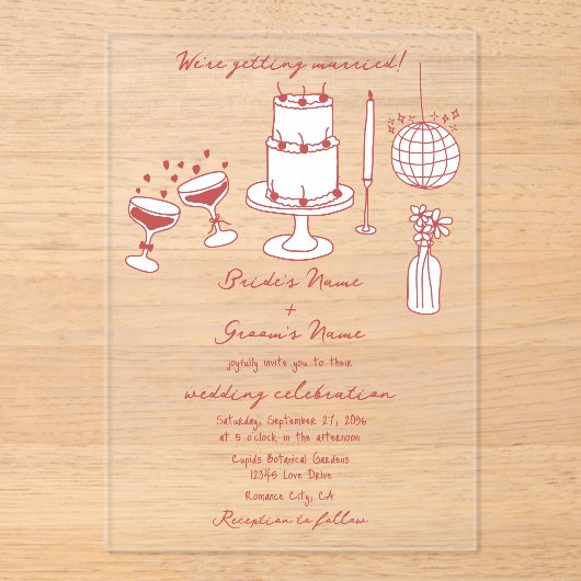 Hand getrokken illustraties Doodles Maroon bruilof Acryl Uitnodigingen (Voorkant)