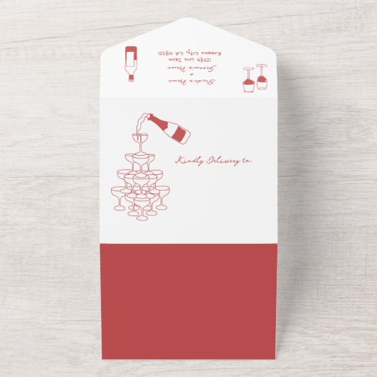 Hand getrokken illustraties Doodles Maroon bruilof All In One Uitnodiging (Buitenkant)