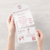 Hand getrokken illustraties Doodles Maroon bruilof All In One Uitnodiging (Afscheurbaar)