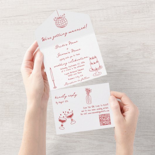 Hand getrokken illustraties Doodles Maroon bruilof All In One Uitnodiging (Afscheurbaar)