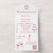 Hand getrokken illustraties Doodles Maroon bruilof All In One Uitnodiging (Binnen)