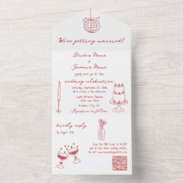 Hand getrokken illustraties Doodles Maroon bruilof All In One Uitnodiging