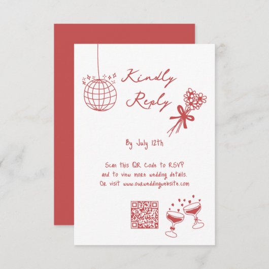 Hand getrokken illustraties Doodles Maroon bruilof Informatiekaartje (Voorkant / Achterkant)