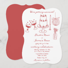 Hand getrokken illustraties Doodles Maroon bruilof Kaart
