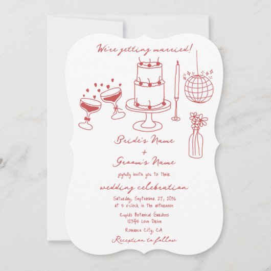 Hand getrokken illustraties Doodles Maroon bruilof Kaart (Voorkant)