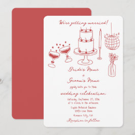 Hand getrokken illustraties Doodles Maroon bruilof Kaart