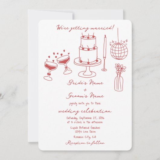 Hand getrokken illustraties Doodles Maroon bruilof Kaart (Voorkant)