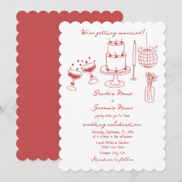 Hand getrokken illustraties Doodles Maroon bruilof Kaart