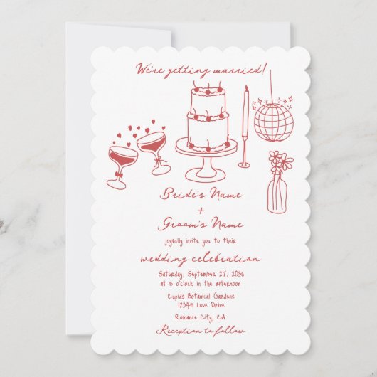 Hand getrokken illustraties Doodles Maroon bruilof Kaart (Voorkant)