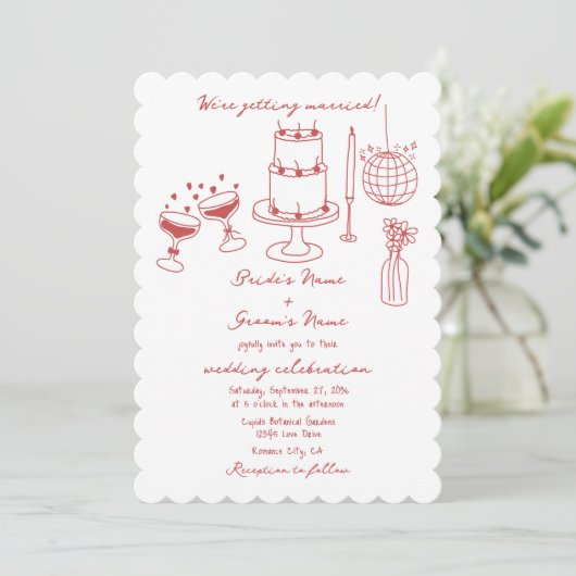 Hand getrokken illustraties Doodles Maroon bruilof Kaart (Staand voorkant)