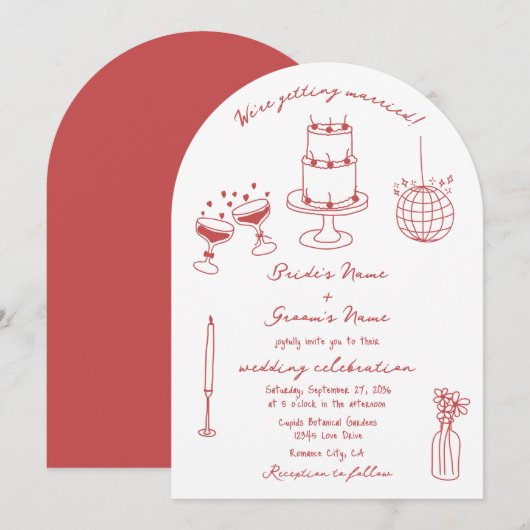 Hand getrokken illustraties Doodles Maroon bruilof Kaart (Voorkant / Achterkant)