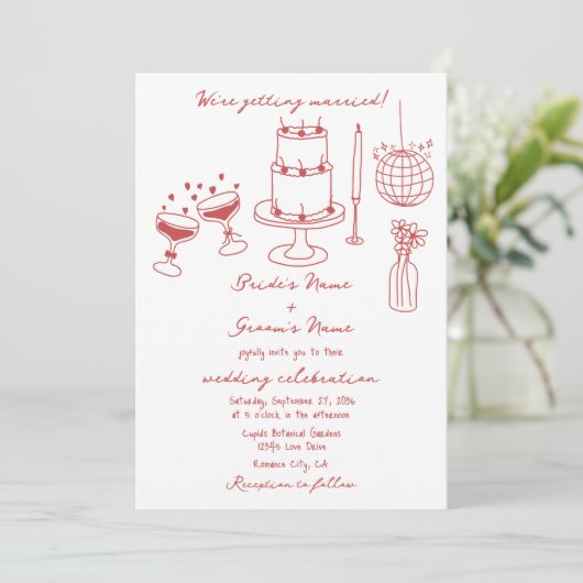 Hand getrokken illustraties Doodles Maroon bruilof Kaart (Staand voorkant)