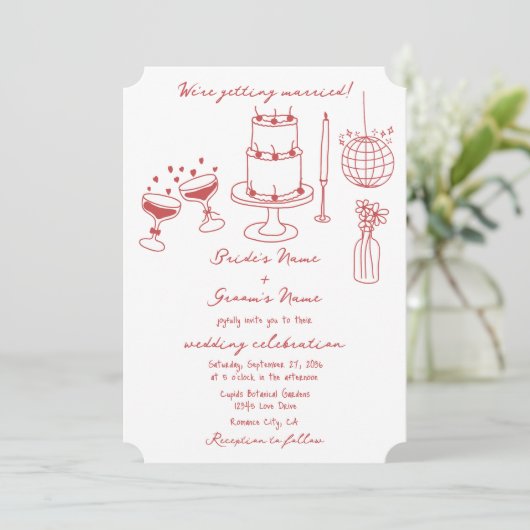 Hand getrokken illustraties Doodles Maroon bruilof Kaart (Staand voorkant)