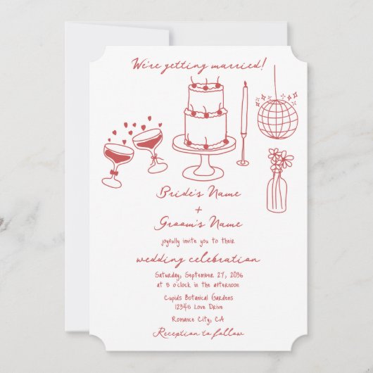 Hand getrokken illustraties Doodles Maroon bruilof Kaart (Voorkant)