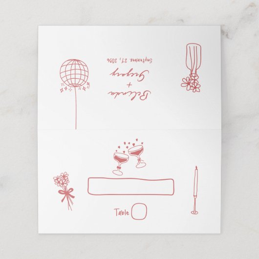 Hand getrokken illustraties Doodles Maroon bruilof Plaatskaartje (Buitenkant ongevouwen)