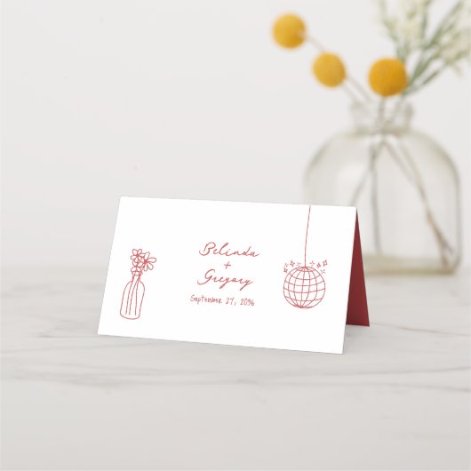 Hand getrokken illustraties Doodles Maroon bruilof Plaatskaartje (Achterkant)