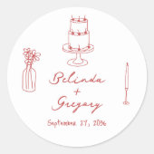 Hand getrokken illustraties Doodles Maroon bruilof Ronde Sticker (Voorkant)