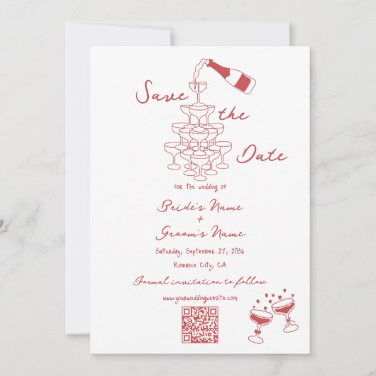 Hand getrokken illustraties Doodles Maroon bruilof Save The Date (Voorkant)