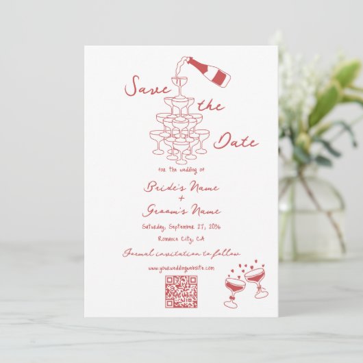 Hand getrokken illustraties Doodles Maroon bruilof Save The Date (Staand voorkant)