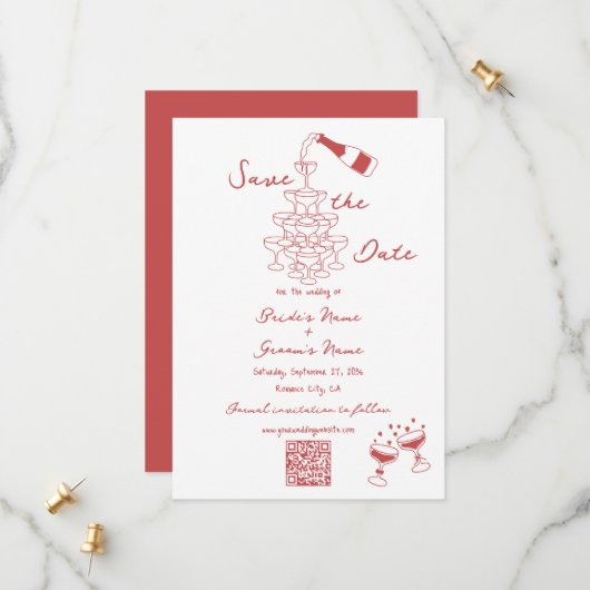 Hand getrokken illustraties Doodles Maroon bruilof Save The Date (Voorkant / Achterkant in situ)