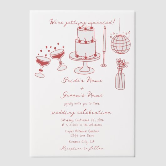 Hand getrokken illustraties Doodles Maroon bruilof Vellum Uitnodigingen (Voorkant)