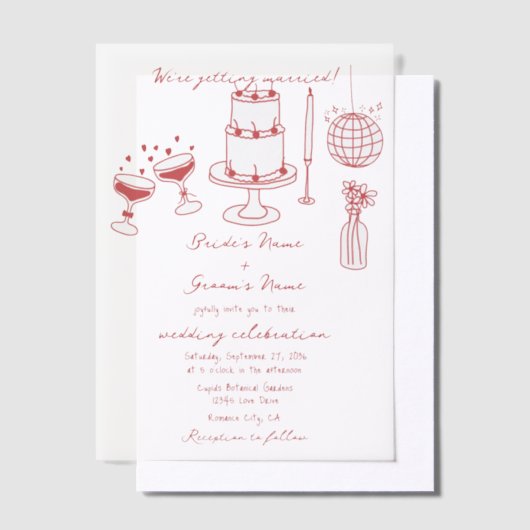 Hand getrokken illustraties Doodles Maroon bruilof Vellum Uitnodigingen (Offset)