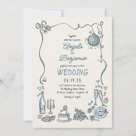 Hand getrokken illustraties grillige retro bruilof kaart