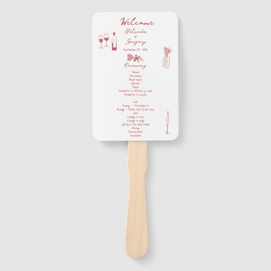 Hand getrokken illustraties Maroon bruiloft progra Handwaaier (Voorkant)