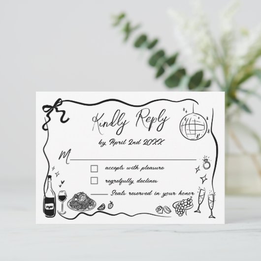 Hand getrokken illustraties Scribble Doodles bruil RSVP Kaartje (Staand voorkant)