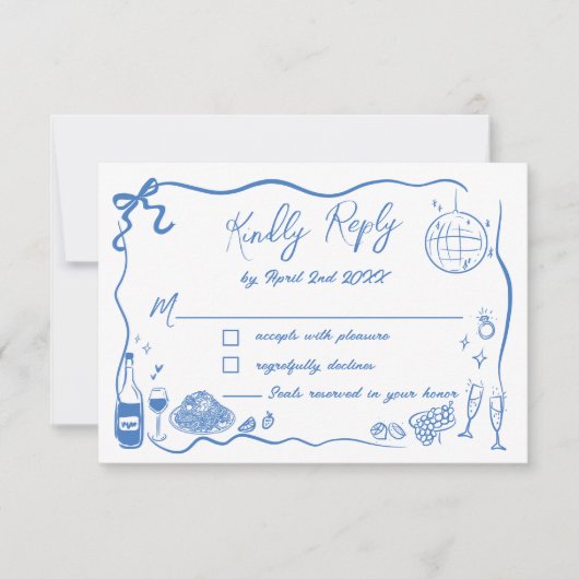 Hand getrokken illustraties Scribble Doodles bruil RSVP Kaartje (Voorkant)