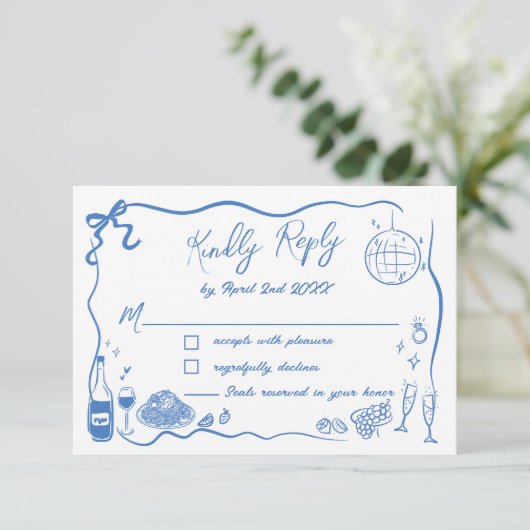 Hand getrokken illustraties Scribble Doodles bruil RSVP Kaartje (Staand voorkant)