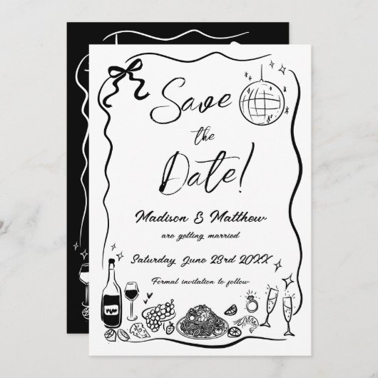 Hand getrokken illustraties Scribble Doodles bruil Save The Date (Voorkant / Achterkant)