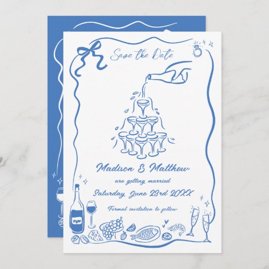 Hand getrokken illustraties Scribble Doodles bruil Save The Date (Voorkant / Achterkant)