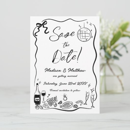 Hand getrokken illustraties Scribble Doodles bruil Save The Date (Staand voorkant)