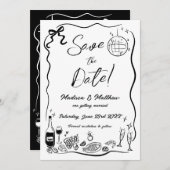 Hand getrokken illustraties Scribble Doodles bruil Save The Date (Voorkant / Achterkant)
