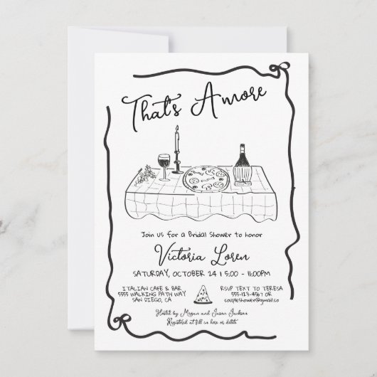 Hand getrokken Italiaanse Pizza Wijn Diner Feest Kaart (Voorkant)