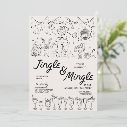 Hand getrokken Jingle en Mingle Christmas Party Kaart (Staand voorkant)