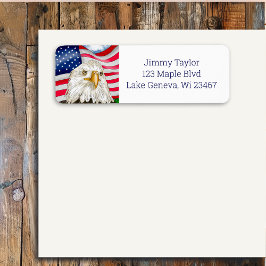 Hand getrokken kale adelaar en Amerikaanse vlag pa Etiket