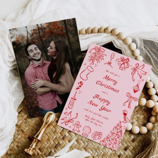 Hand getrokken Kerst Kaart Foto Doodle Xmas Roze