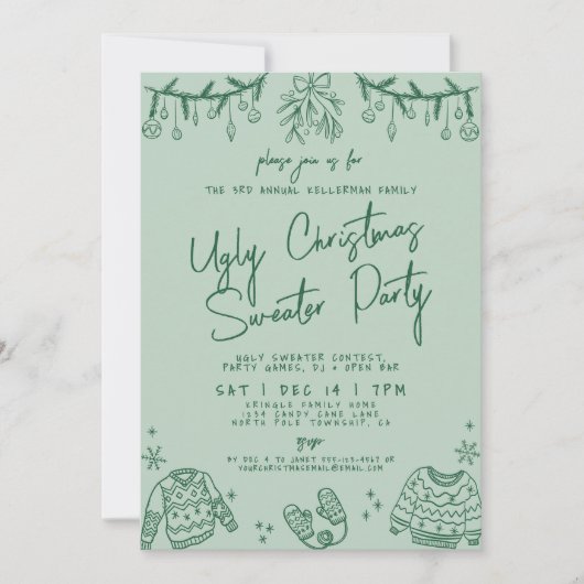 Hand getrokken kerst lelijke trui partij kaart (Voorkant)